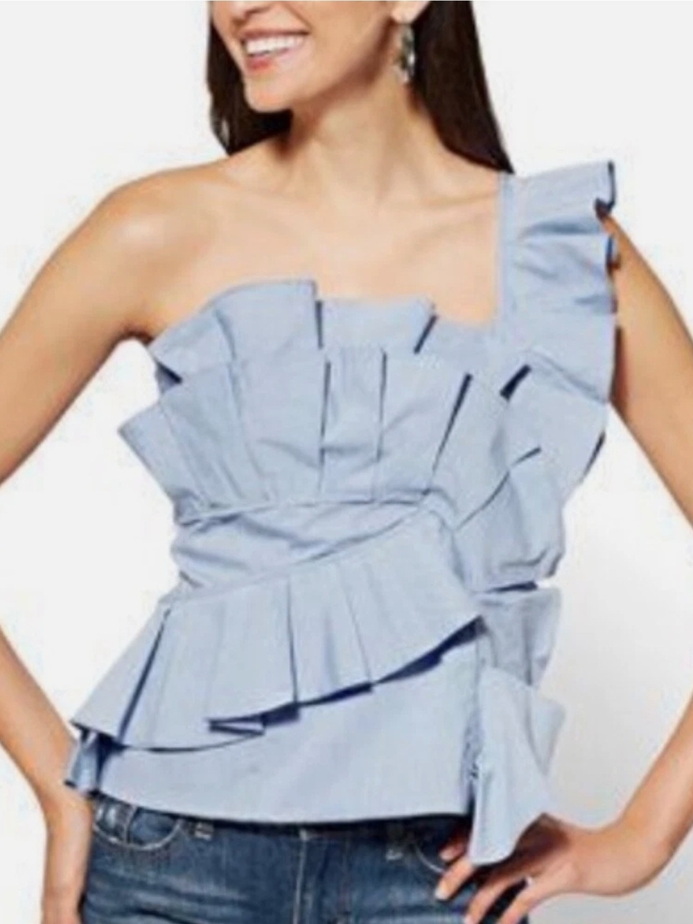 New York & Company Chambray One-Shoulder Ruffle Top Sz XS